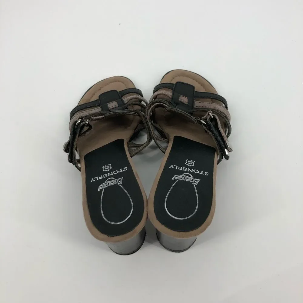 Stonefly Heeled Sandals‎ Womens 38 Black Cream Strappy Leather Slip On Open Back